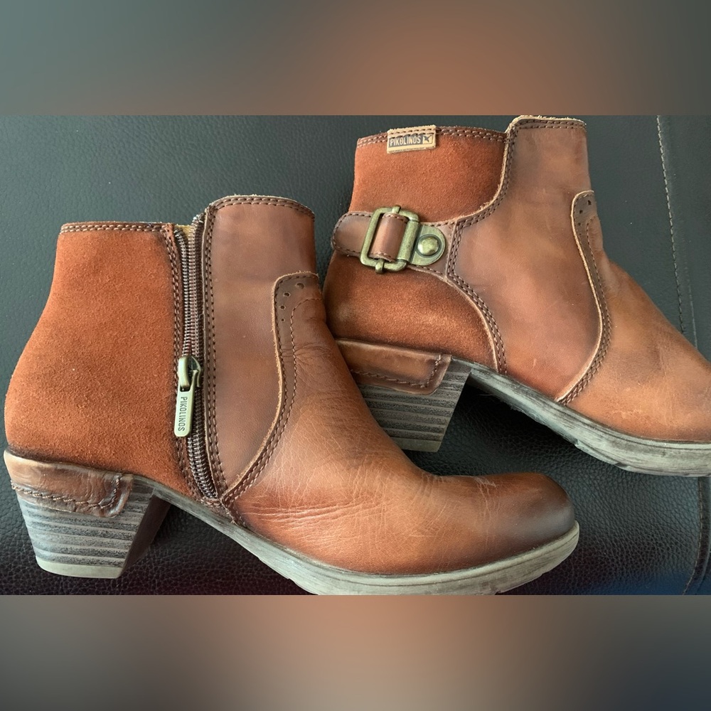 Pikolinos Women's Brown Leather Ankle Boots EU 36 US 5.6-6 Side Zip Buckle Strap